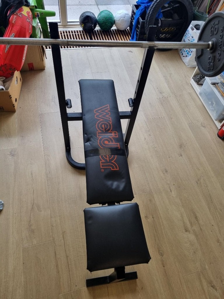 Benchpress bankje Weider halterstang en gewichten, Ophalen of Verzenden, Gebruikt, Benen, Fitnessbank