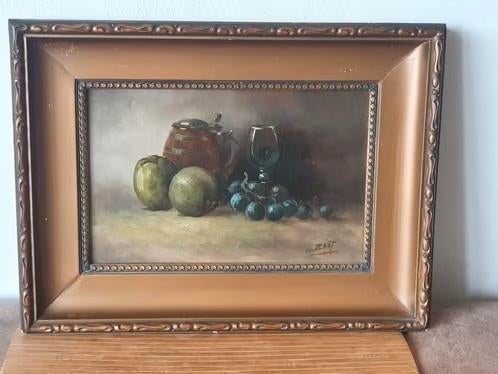 Stilleven op hout appels bierkruikje wijnglas druiven Raat, Ophalen