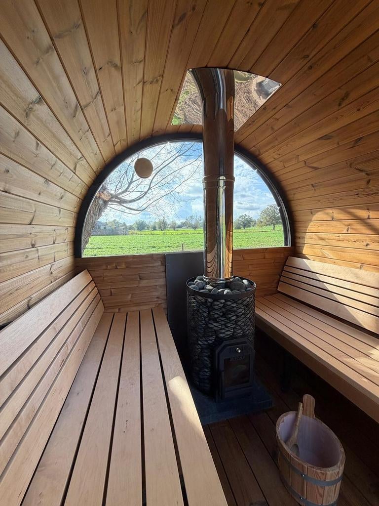 Thermohout barrelsauna gebogen banken, evt. panorama wanden, Ophalen, Fins of Traditioneel, Kostedeweg 7 Vorden, Nieuw
