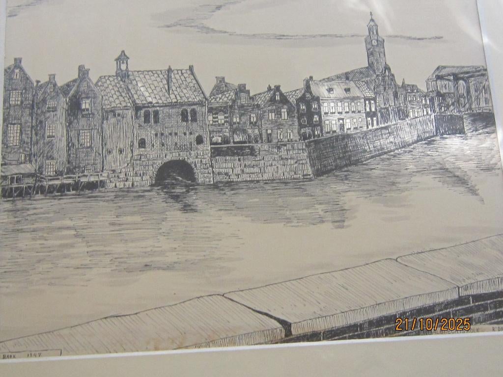 Delfshaven R.dam, Mooie gesigneerde tekening vanJ. BAKX 1947, Antiek en Kunst, Ophalen of Verzenden