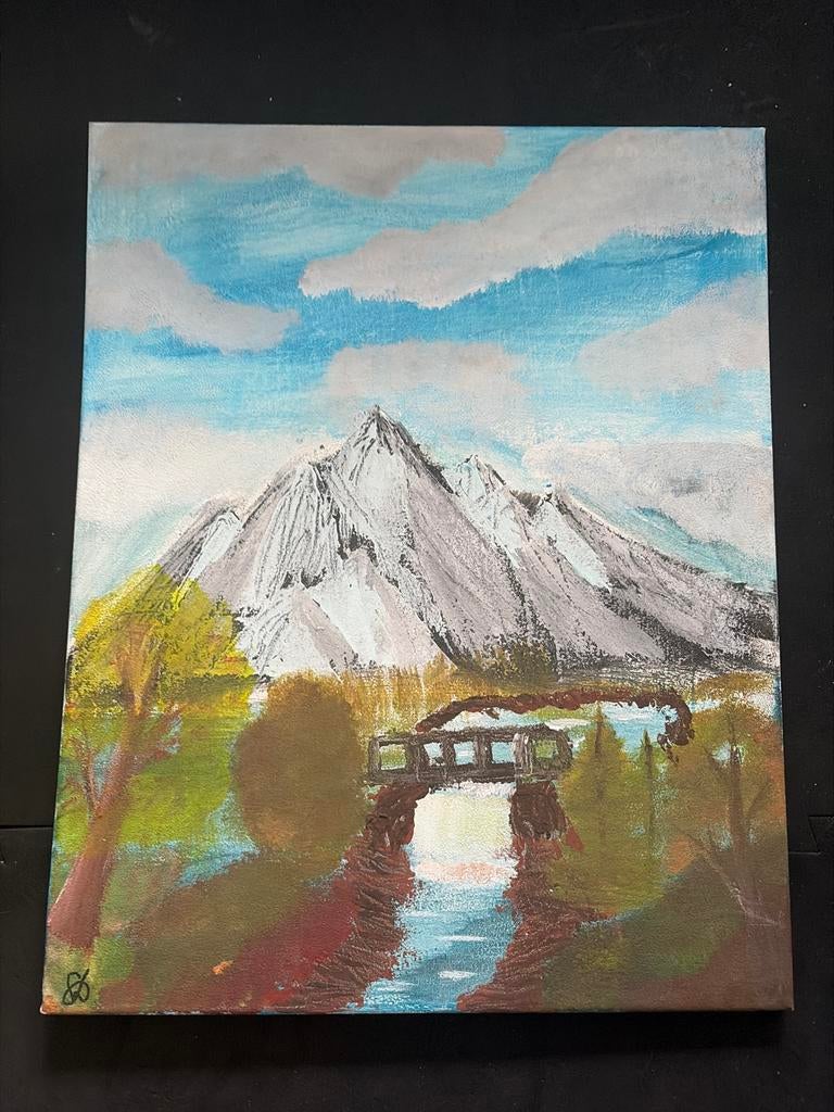 Handgeschilderd Landschap met Bergen - Origineel Kunstwerk, Antiek en Kunst, Kunst | Schilderijen | Klassiek, Ophalen of Verzenden