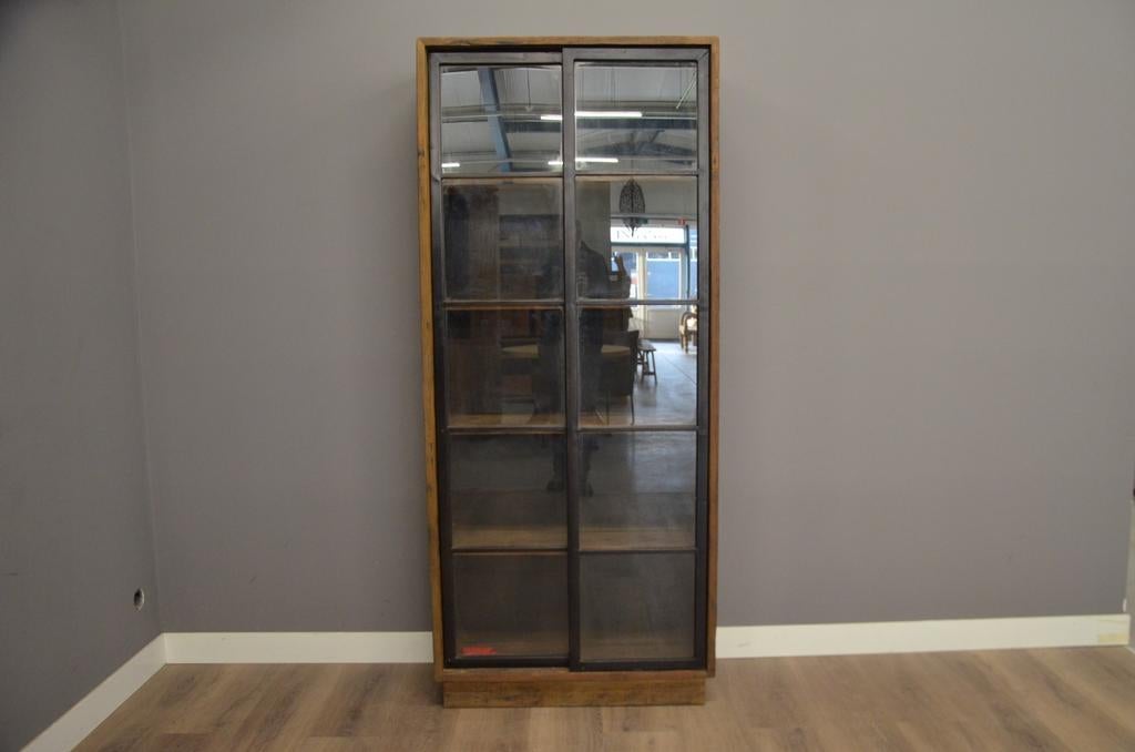 Teak vitrinekast met schuifdeuren 90 cm - Industrieel, 200 cm of meer, Teakhout, Nieuw, 25 tot 50 cm