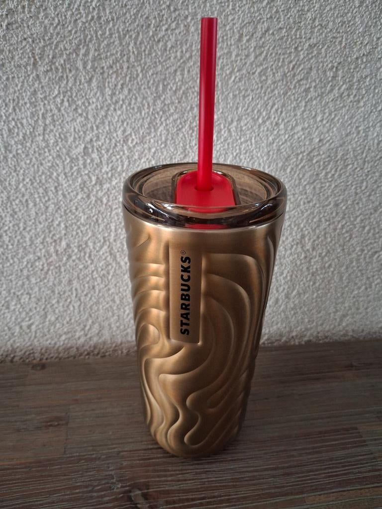 Starbucks Thermobeker Cold to Go Edelstaal Dual Swirl Goud, Ophalen of Verzenden, Nieuw, Overige materialen, Minder dan 25 cm