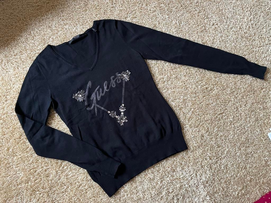 Guess v-hals dunne trui zwart strass/steentjes mt. S, Ophalen of Verzenden, Zo goed als nieuw, Maat 36 (S), Zwart