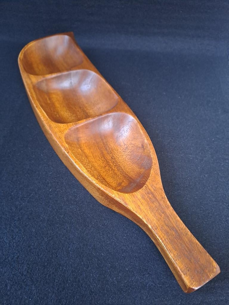 Vintage teakhouten 3-vaks hapjesschaal, Ophalen of Verzenden, Zo goed als nieuw, Rechthoekig, Hout