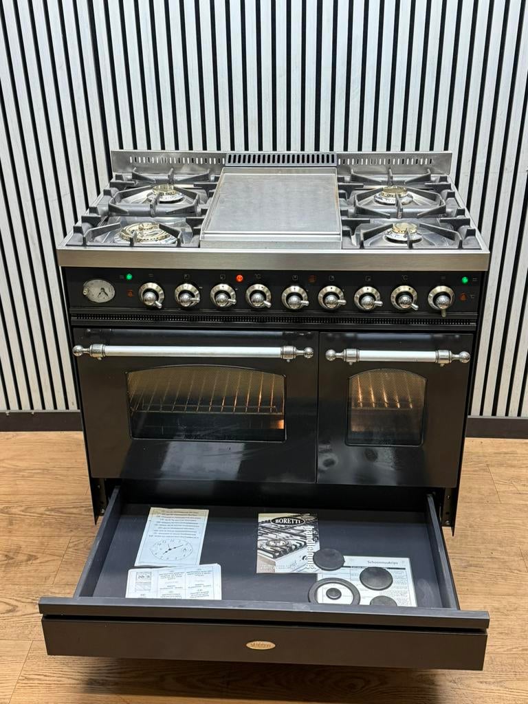 Luxe Boretti Fornuis 5pits antraciet met dubbele oven 90 cm, Fornello Esperta, Ophalen of Verzenden, Zo goed als nieuw, Energieklasse A of zuiniger