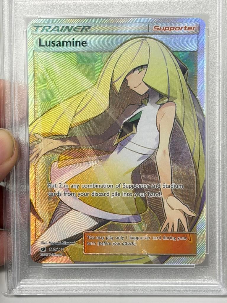 2017 Pokémon Sun Moon Crimson Invasion Lusamine - PSA 8, Ophalen of Verzenden, Zo goed als nieuw, Losse kaart, Foil