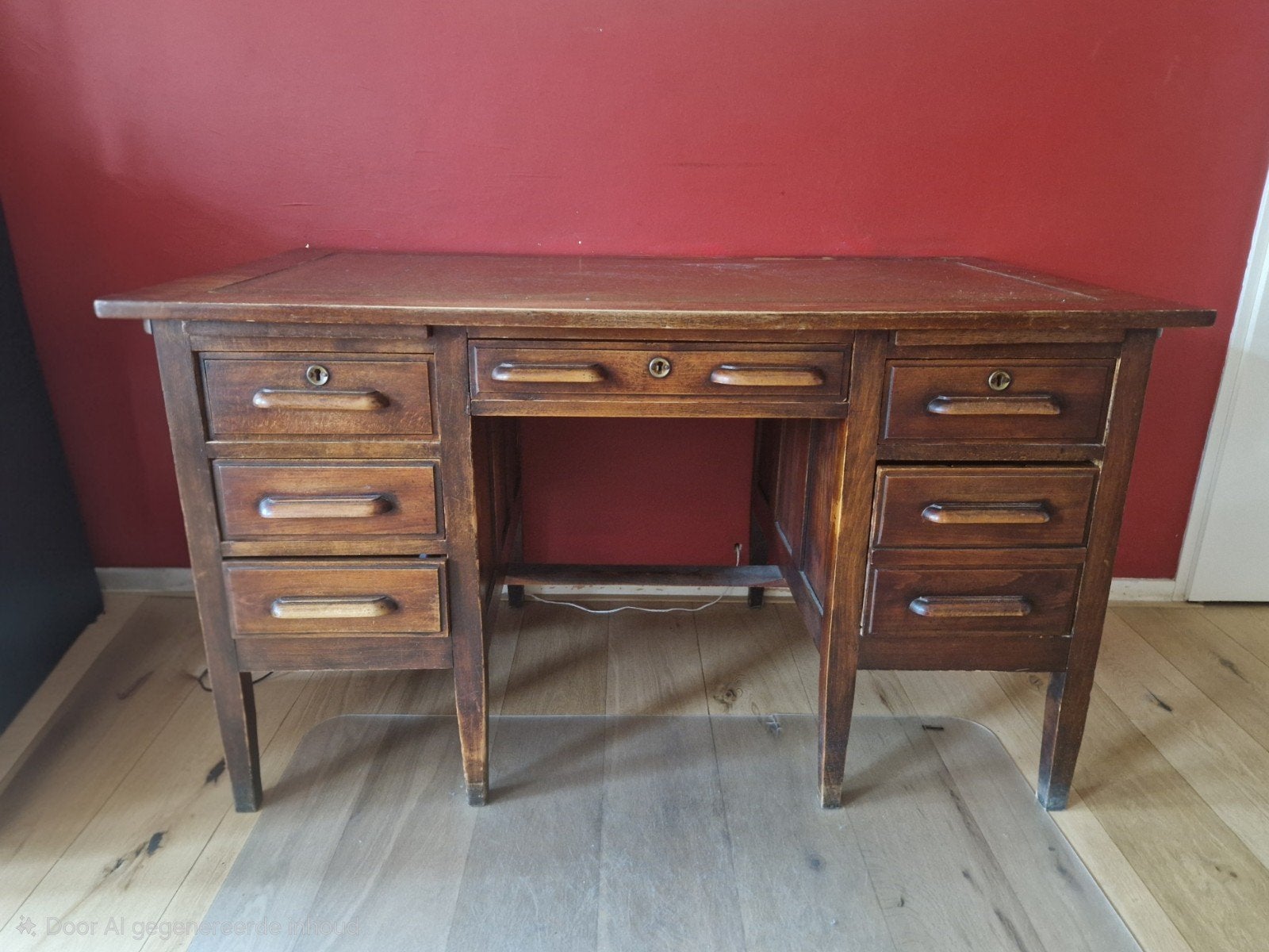 Antiek houten bureau met groen leren blad, Ophalen