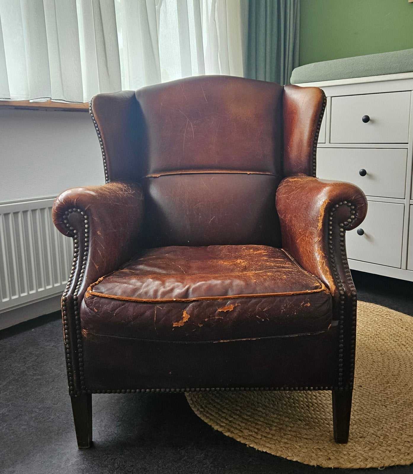 Gebruikte bruine leren fauteuil, Huis en Inrichting, Ophalen, Gebruikt, 75 tot 100 cm, Leer
