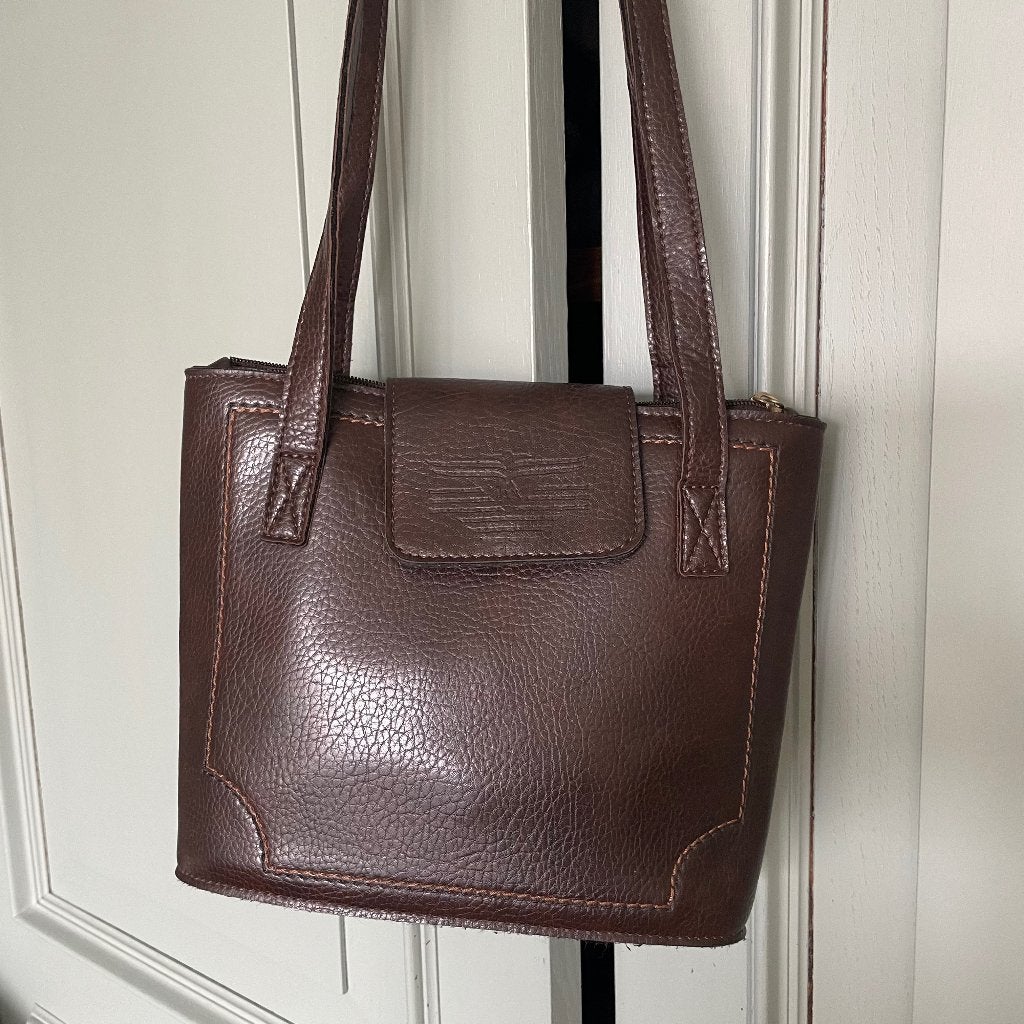 Brown Faux‑Leather Shoulder/Handbag – Flap – Tas‑053, Verzenden, Zo goed als nieuw, Bruin, Schoudertasje