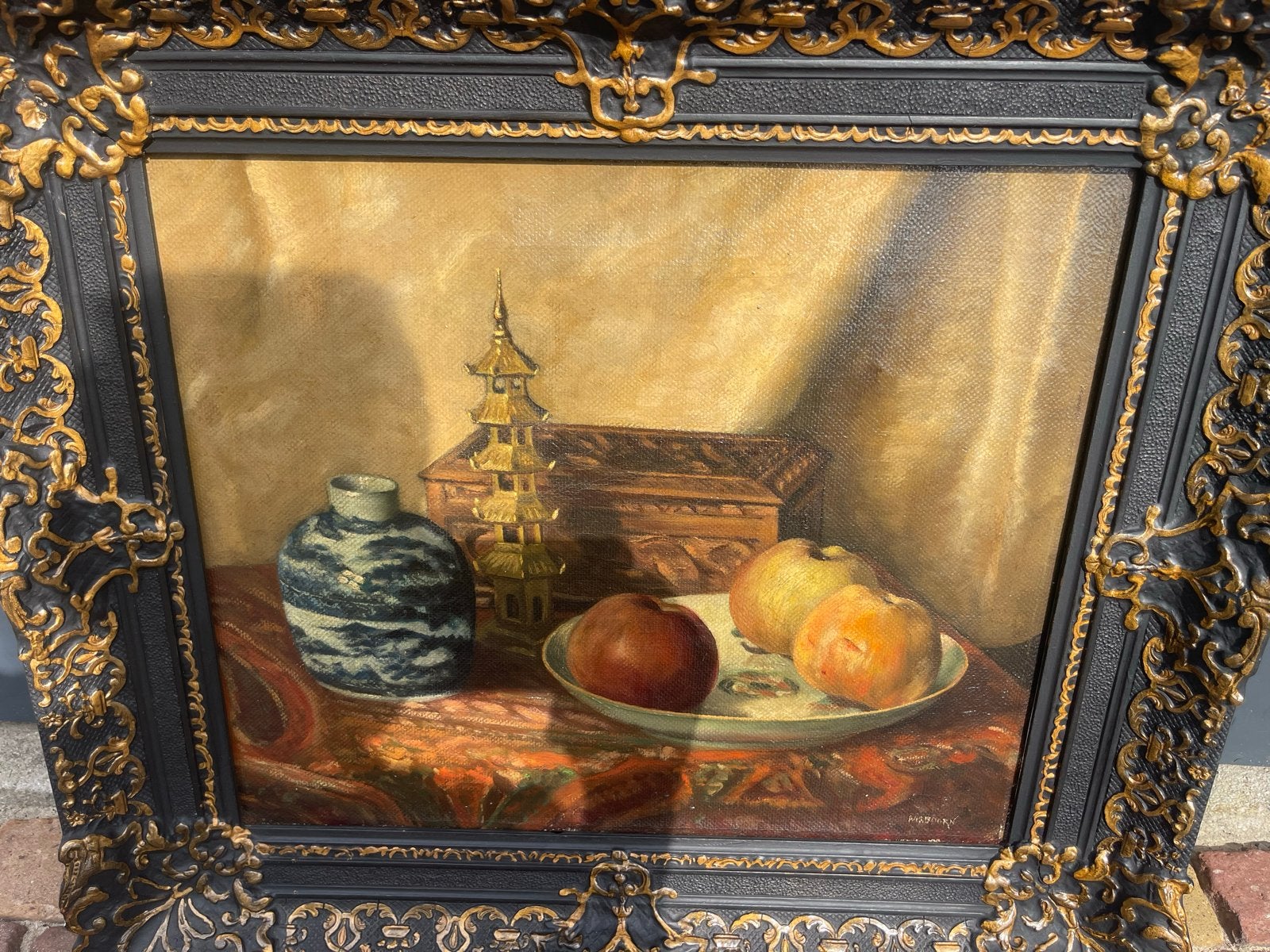 Stilleven met fruit en oosterse objecten, gesigneerd, Ophalen, Doek, Stilleven, Gesigneerd
