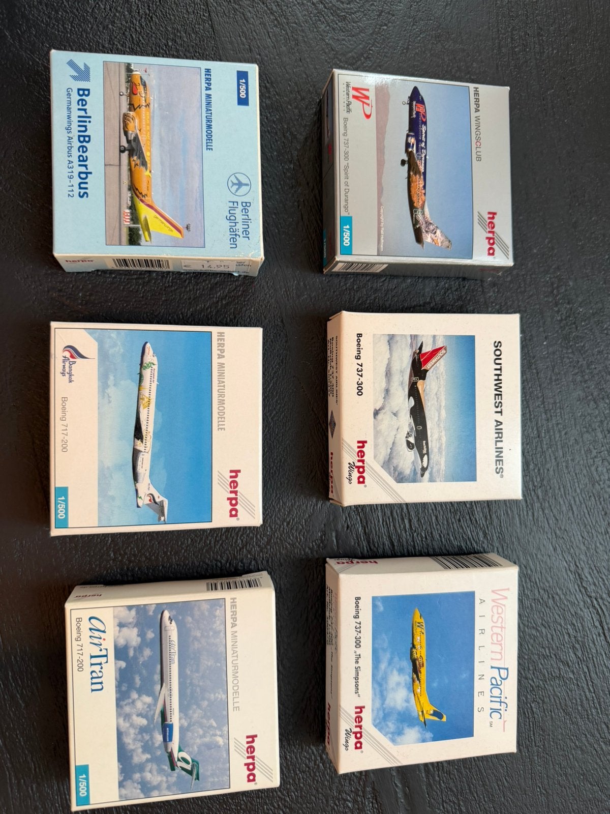 Partij van 6x Herpa Wings 1:500 Vliegtuigmodellen, Ophalen of Verzenden, Zo goed als nieuw, Schaalmodel