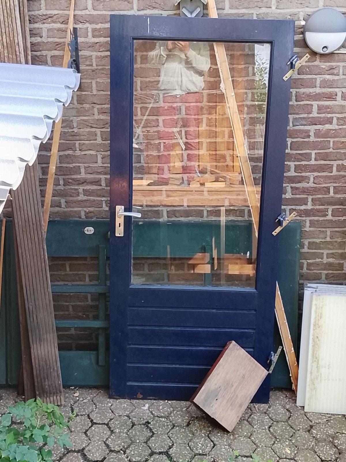 Hardhouten achterdeur met glas, Ophalen, Gebruikt, 80 tot 100 cm, 215 cm of meer