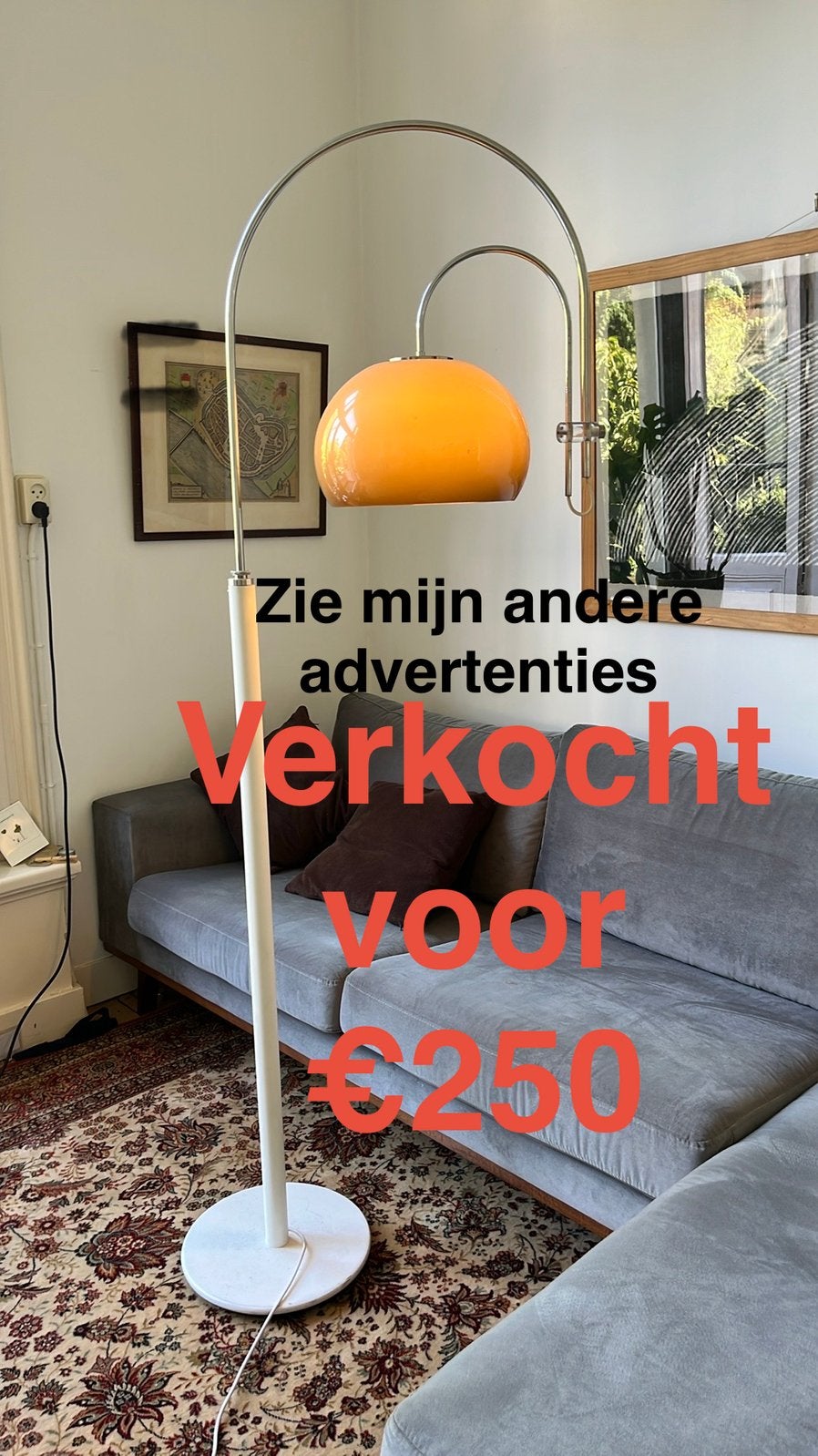 Vintage Booglamp Jaren '70 - Chroom en Melkglas, Ophalen, Gebruikt, E27 (groot), Metaal