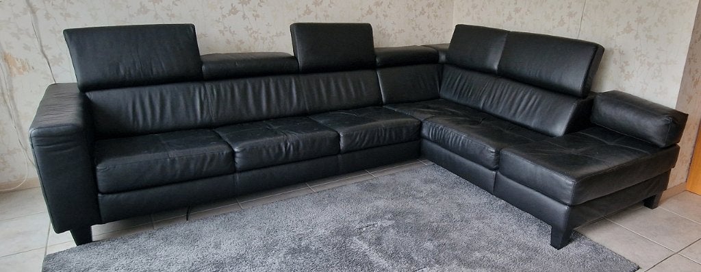 Hoek Bankstel Zwart leder, Ophalen, 250 tot 300 cm, Gebruikt, Hoekbank