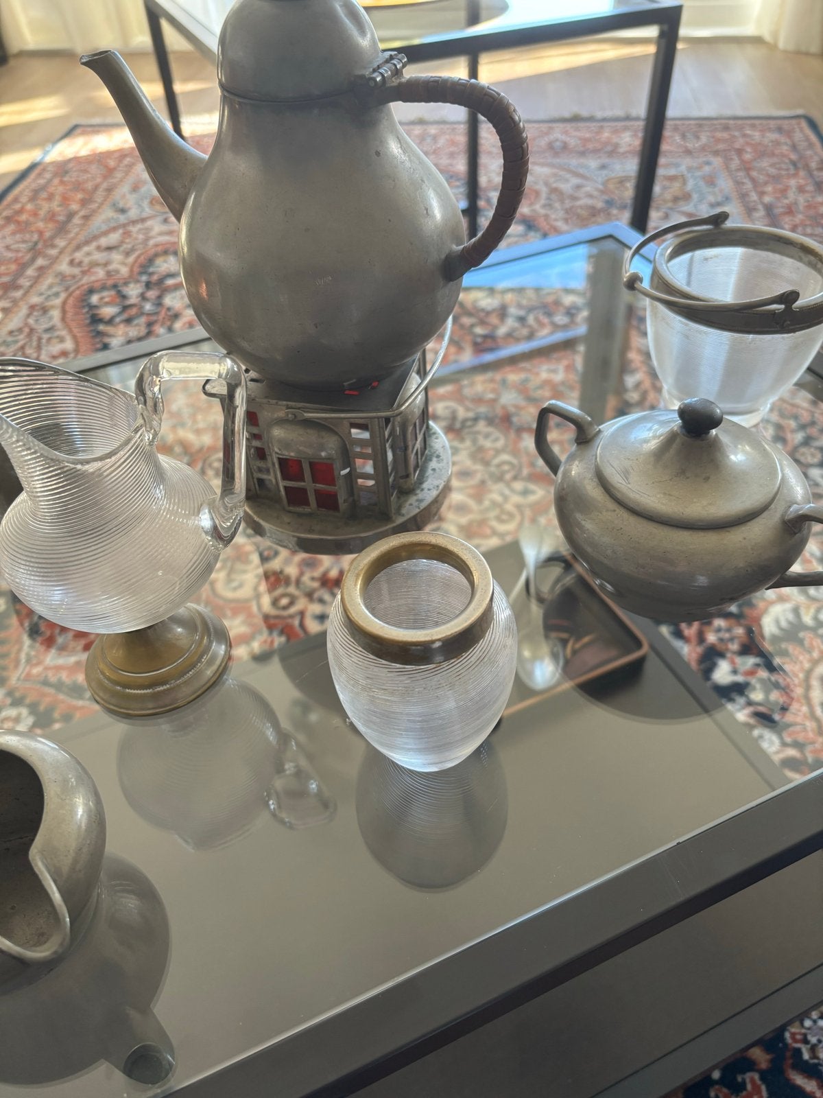 Antiek Tinnen Theestel met Glazen Accessoires, Antiek en Kunst, Ophalen of Verzenden