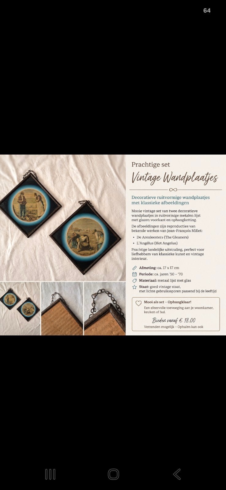 Vintage wandplaatjes set – Jean-François Millet – metalen li, Ophalen of Verzenden