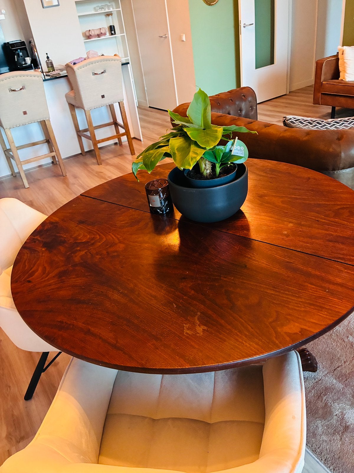 Antieke mahoniehouten ronde tafel met klauwpoten, Huis en Inrichting, Ophalen, Gebruikt, Rond, Biedermeier antiek