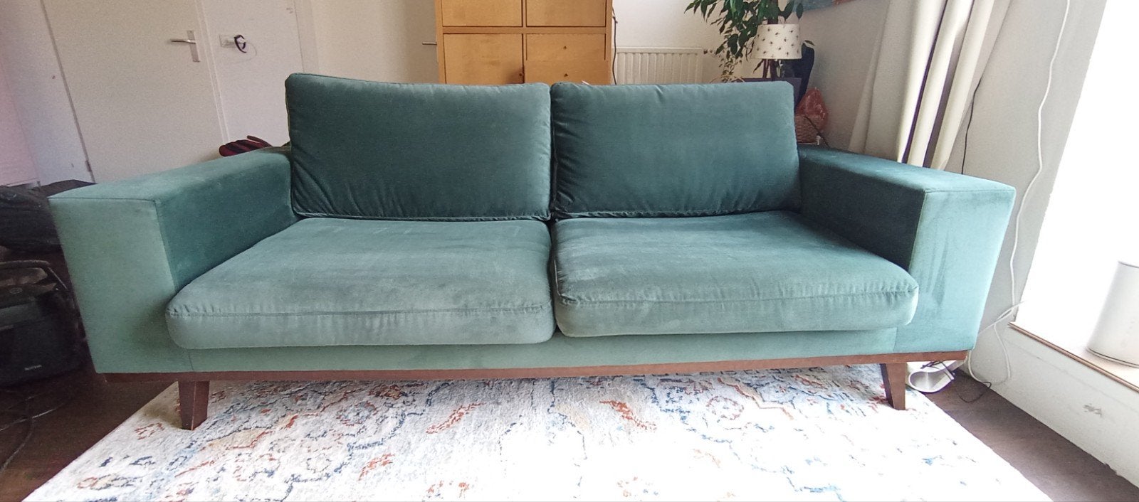 Bank donkergroen velours, 2 zits, Ophalen, Gebruikt, 150 tot 200 cm, Tweepersoons