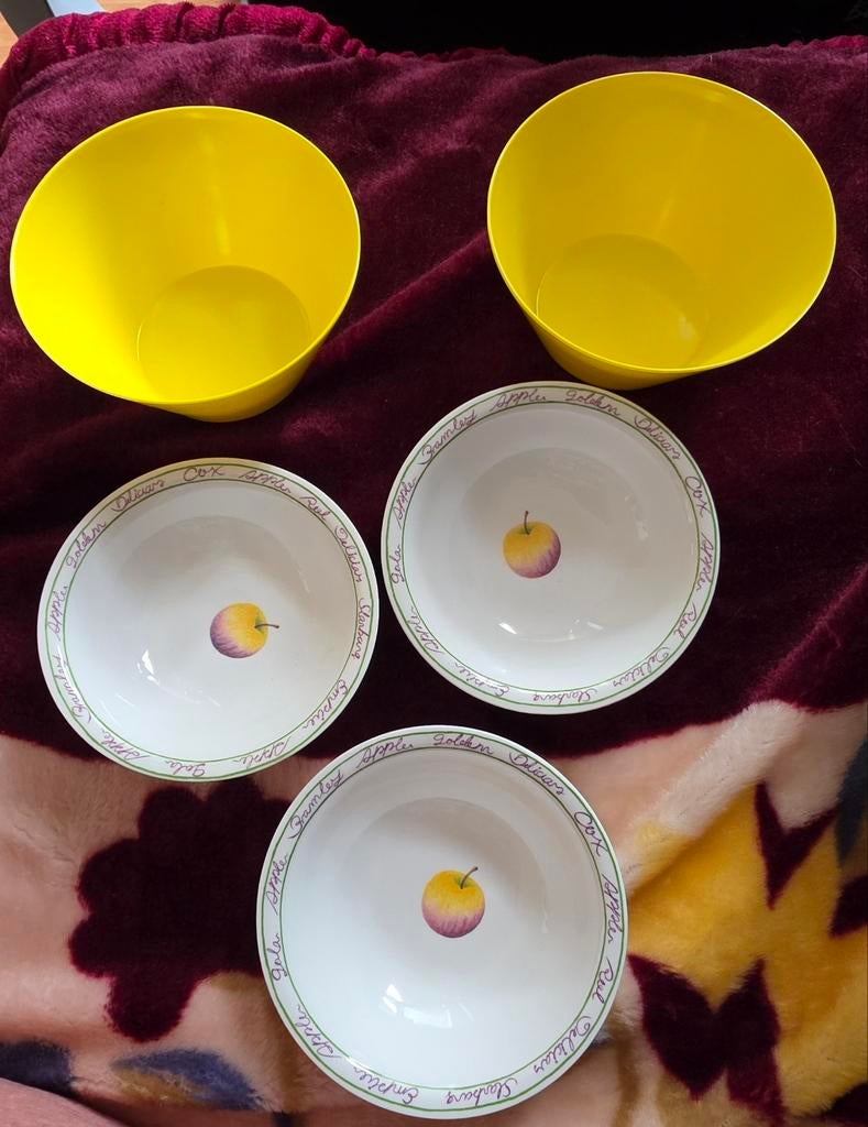 5 melamine schaaltjes: 2 nieuw, 3 gebruikt, Kunststof, Schaal, Rond, Ophalen of Verzenden