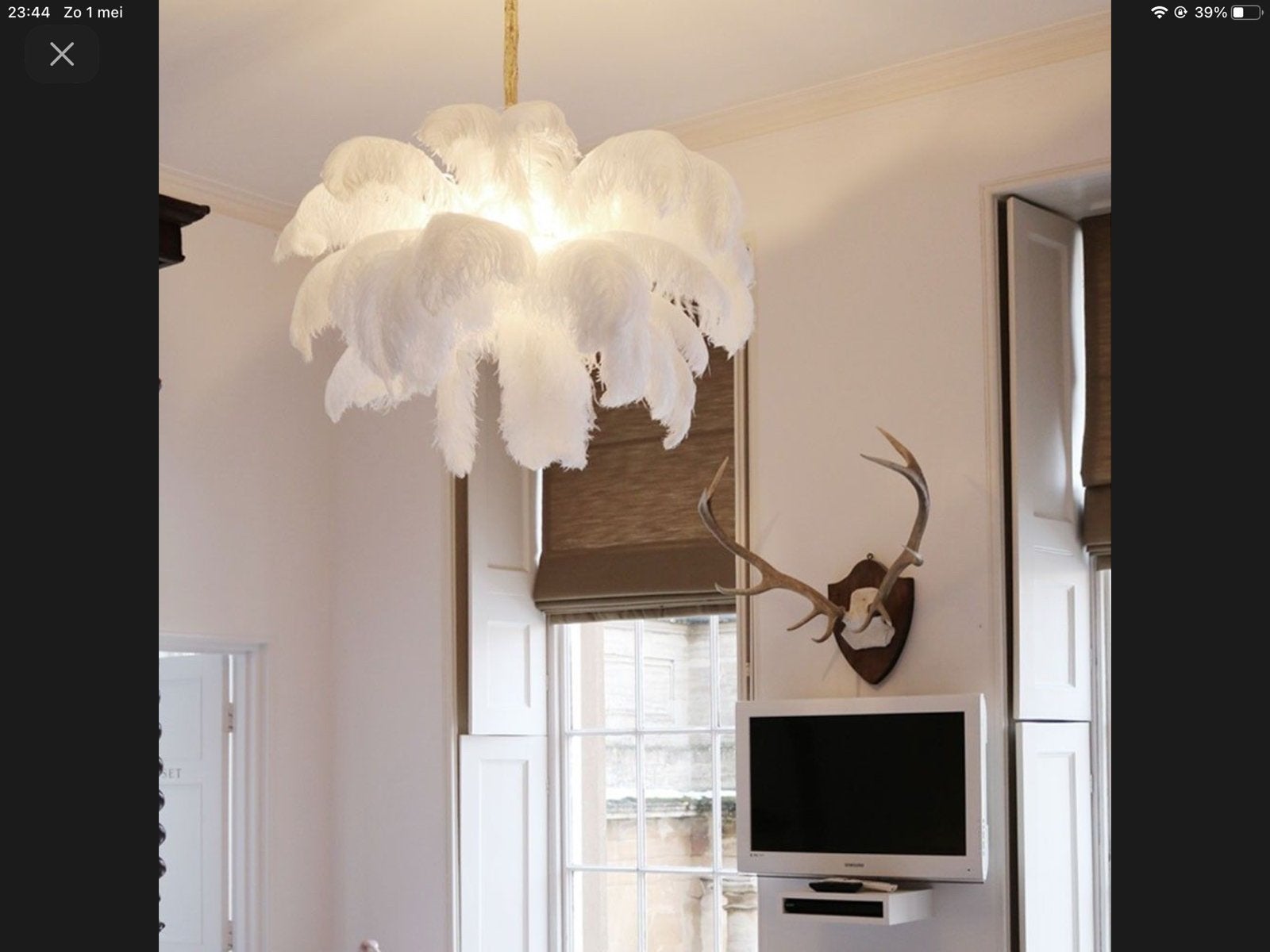 Luxe struisvogelveren kroonluchter - Wit, Ophalen of Verzenden, Nieuw, Natuurlijk materiaal, E27 (groot)