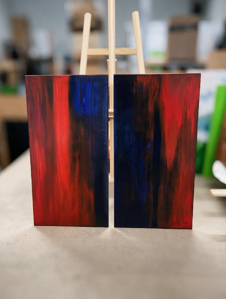 Crimson & Cobalt – 2-delig handgeschilderd schilderij, Antiek en Kunst, Ophalen