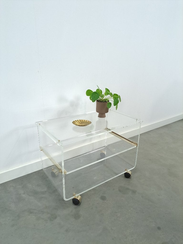 Space age plexiglas trolley met messing, Gebruikt, Space age, hollywood regency, vintage, Minder dan 100 cm, 25 tot 50 cm