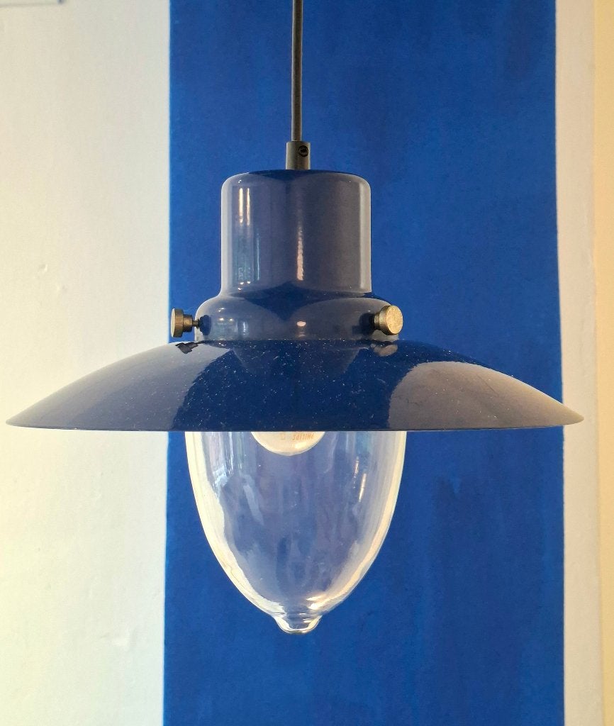 Blauwe scheepslamp, Zo goed als nieuw, Glas, Modern tijdloos, E27 (groot)