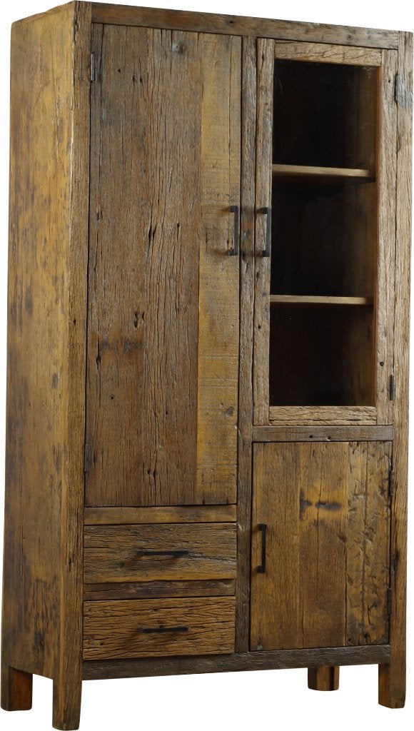 Kabinet oud hout 100 cm breed 180 hoog 2 lades 3 x deuren, 150 tot 200 cm, 25 tot 50 cm, Glas, 1 of 2 laden