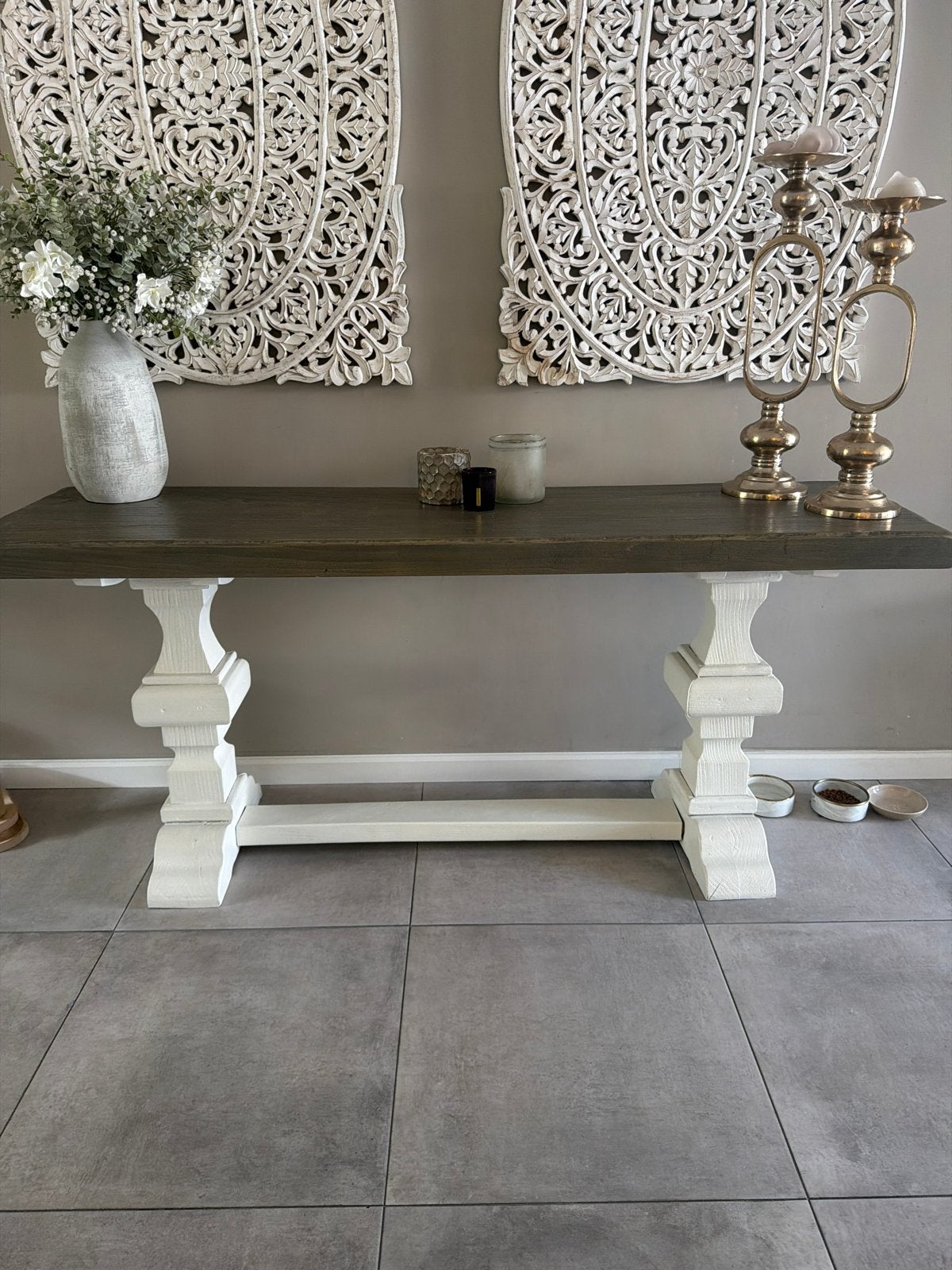 Rustieke console tafel met wit onderstel, Ophalen, Zo goed als nieuw, 150 tot 200 cm, Overige houtsoorten