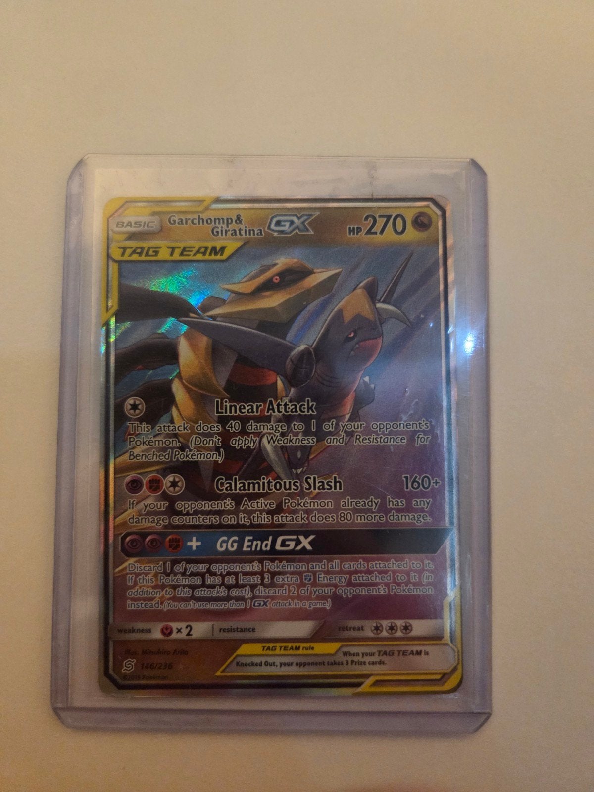 Garchomp & Giratina GX Tag Team Pokémon kaart, Ophalen of Verzenden, Zo goed als nieuw, Losse kaart, Foil