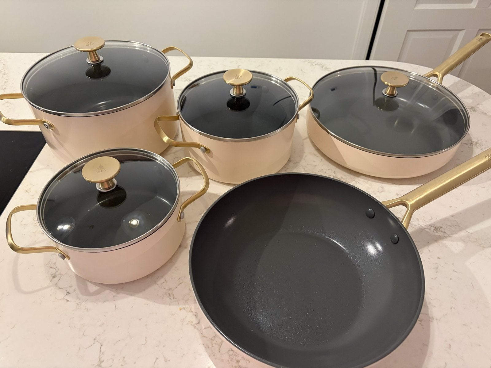 BK Pannenset Crème Goud Stijlvol 5 delig, Ophalen, Overige materialen, Met deksel, BK