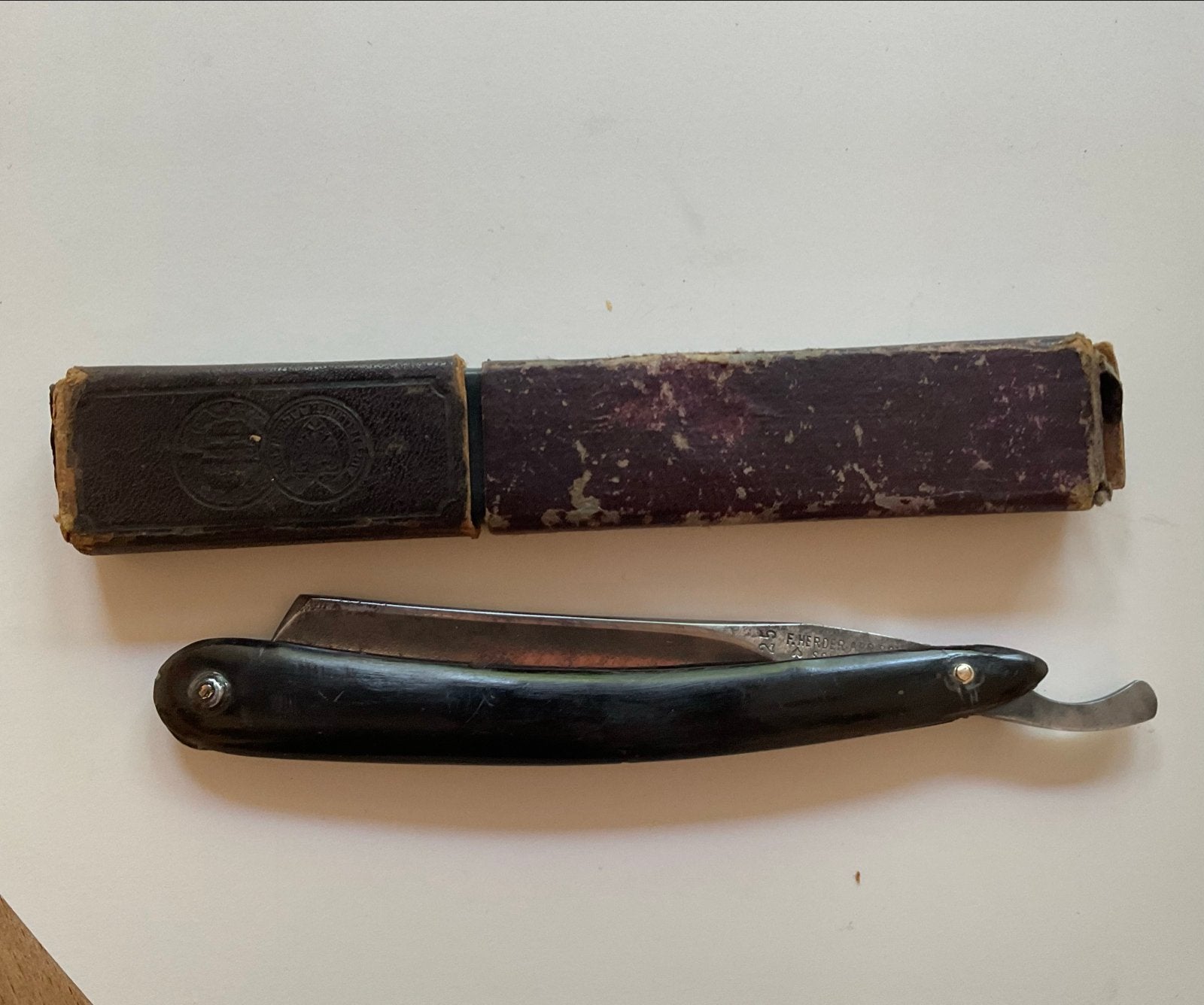 Antiek open scheermes Fr. Herder Solingen met etui, Ophalen of Verzenden