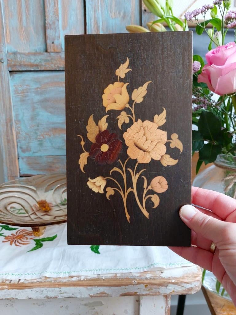 Vintage houten schilderijtje met bloemetjes, Ophalen of Verzenden