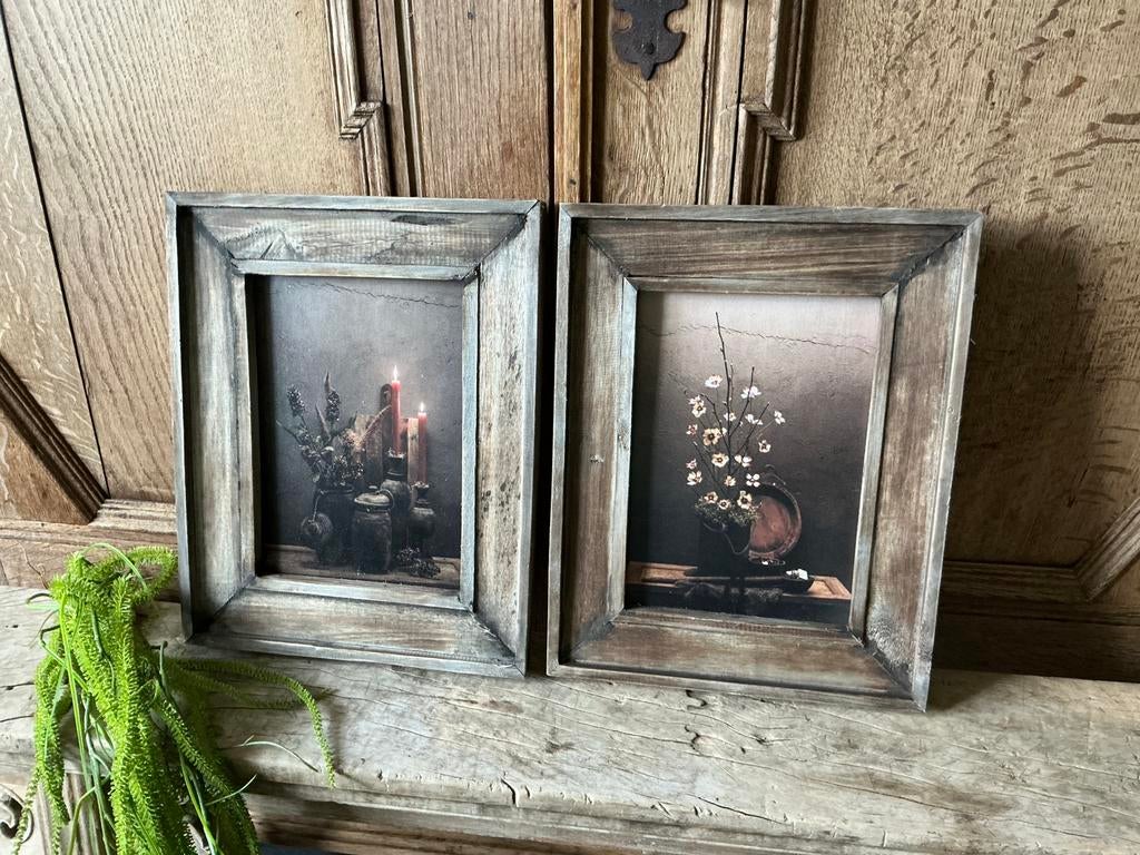 NIEUW set van 2 landelijke schilderijen met houten lijst, Ophalen of Verzenden, Nieuw, Schilderij