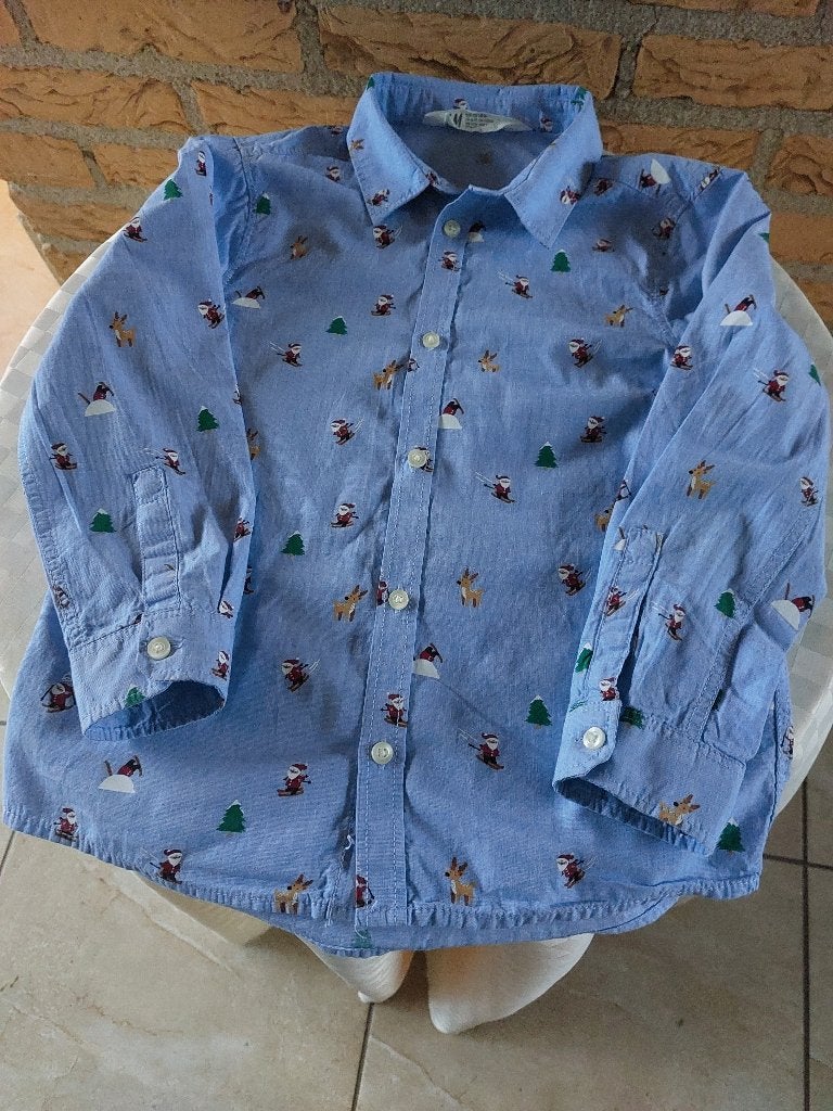 kerstbloesje, mt. 122, lange mouw, blauw met figuurtjes, H&M, Ophalen of Verzenden, Zo goed als nieuw, Shirt of Longsleeve