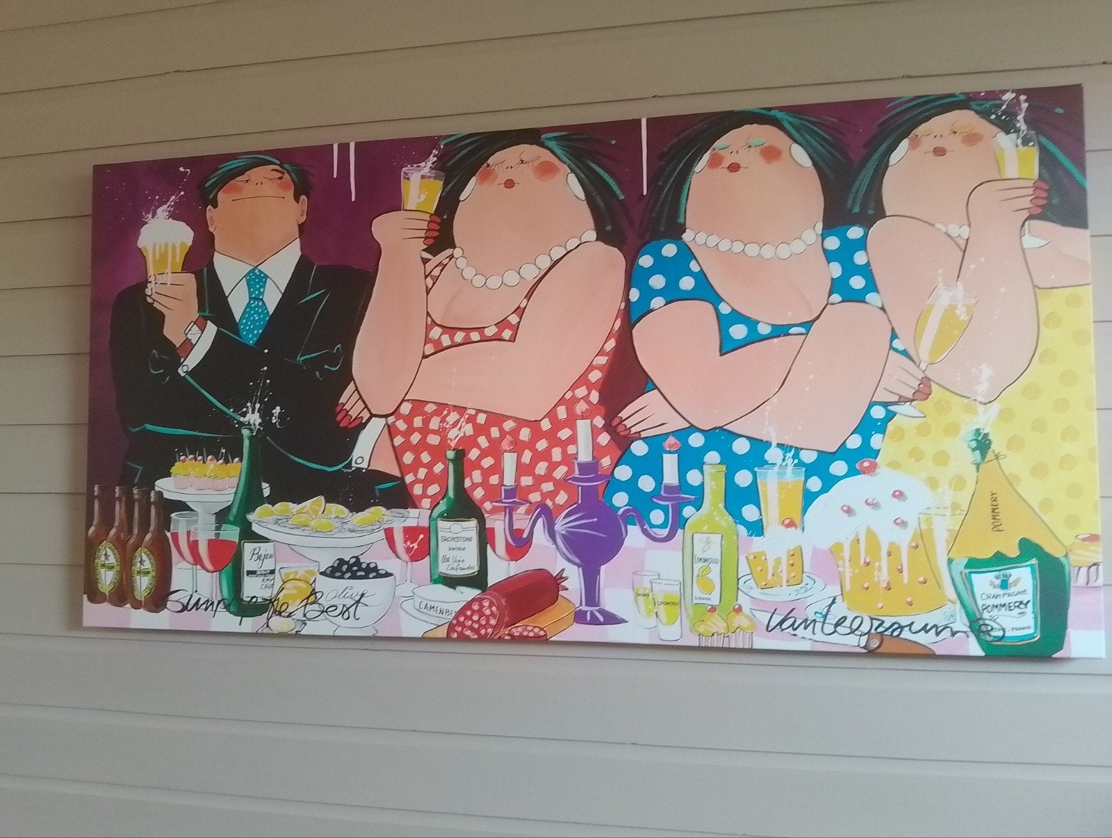 Vrolijk schilderij van dikke dames aan de borrel, Antiek en Kunst, Figuren, Ophalen of Verzenden, Op houten frame, Overige technieken