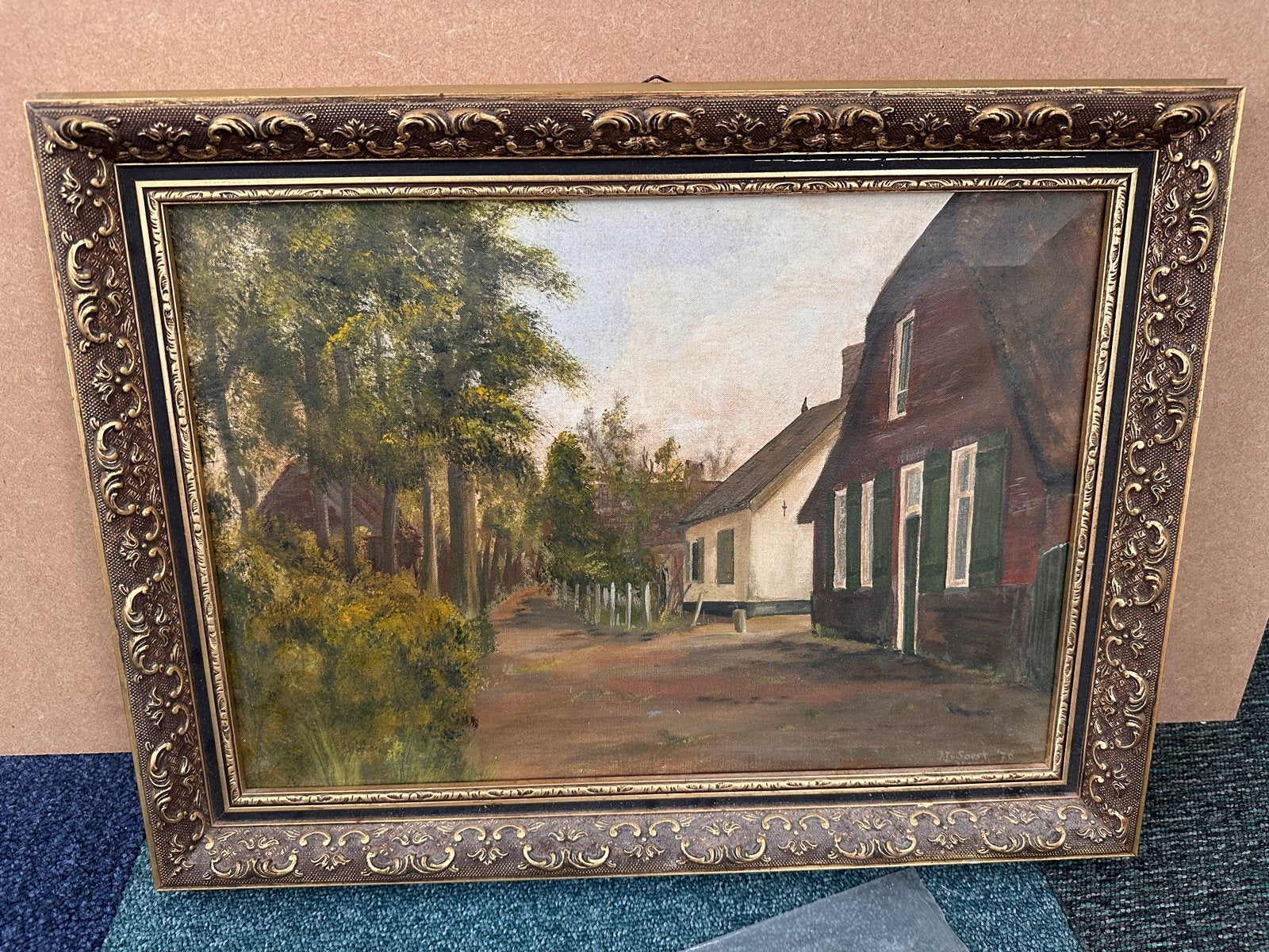 Olieverfschilderij: Dorpsgezicht met rietgedekte boerderij, Doek, Realistisch, Ophalen of Verzenden, Olieverf