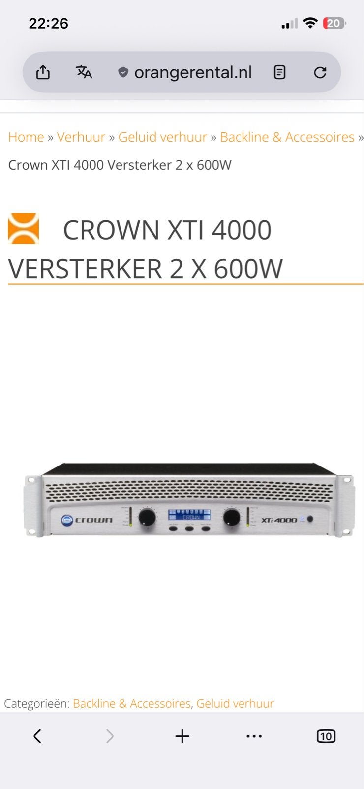 Crown XTI 4000 Versterker 2x xti 2000, Ophalen, Gebruikt, 1000 watt of meer