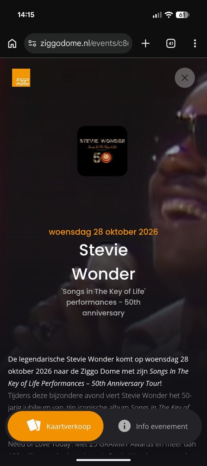 Stevie Wonder Ziggo Dome 1 staanplaats ticket, Tickets en Kaartjes, Eén persoon, Oktober