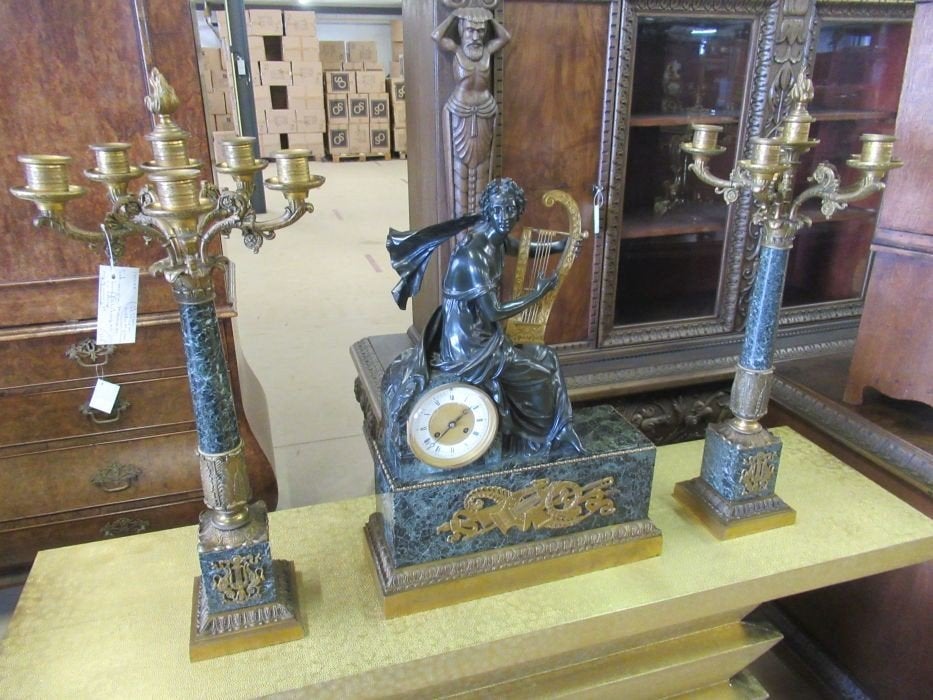 Oer 10088 ANTIEKE bronzen en marmeren pendule set "Harp", Ophalen