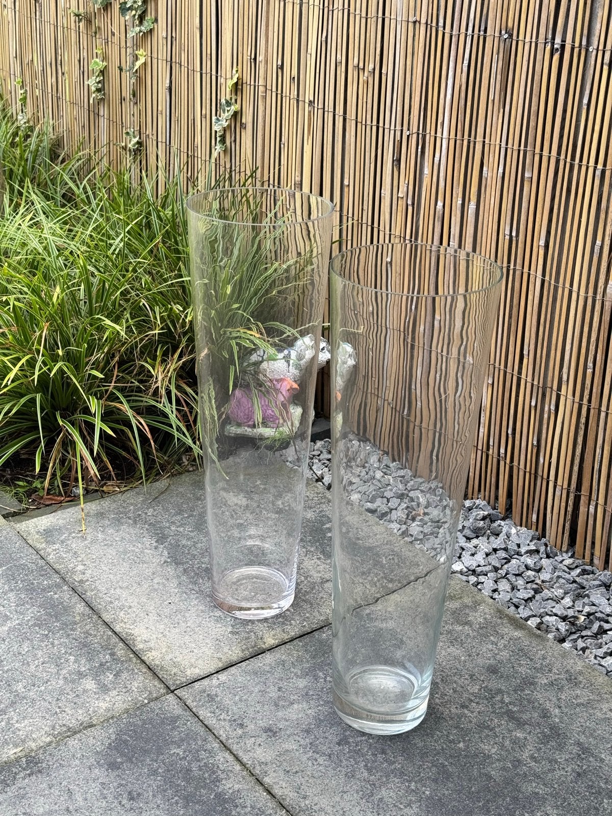 2x Grote Hoge Doorzichtige Glazen Vazen, Ophalen, Gebruikt, Transparant, Glas