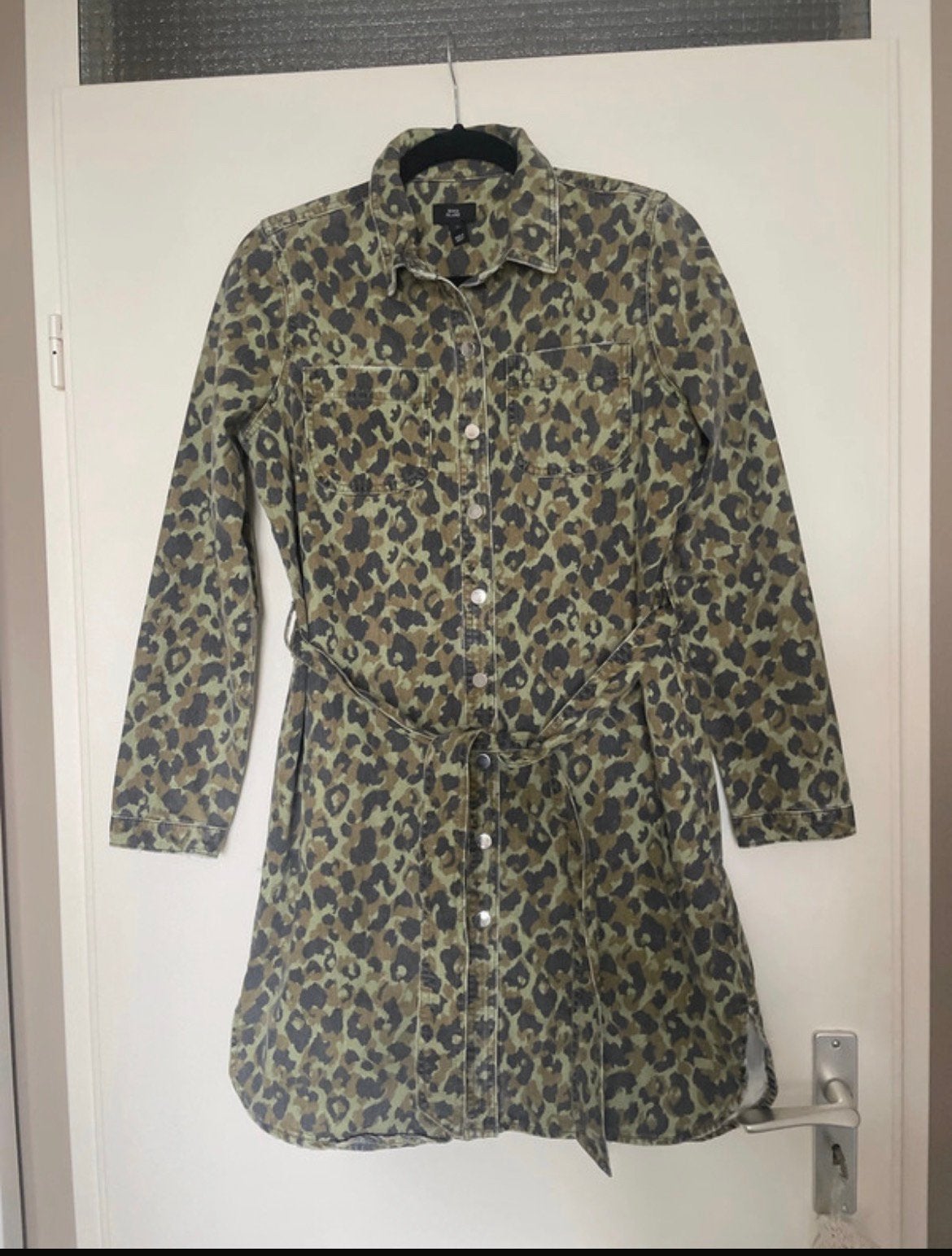 River island legergroen spijker denim panterprint jurk mt 36, Ophalen of Verzenden, Zo goed als nieuw, Maat 36 (S), Groen
