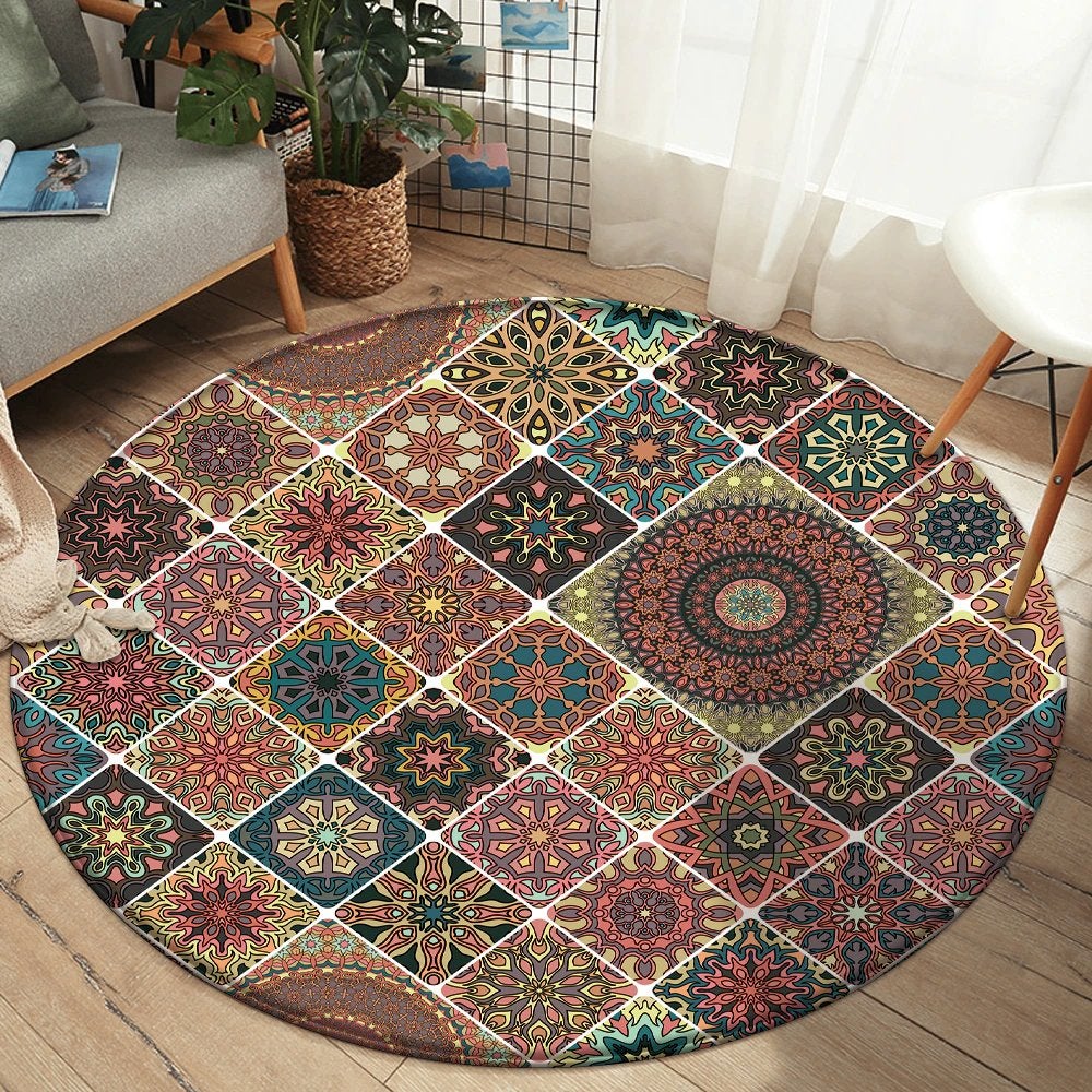 Bohemian Rond Vloerkleed 3 Tapijt Mat Boho Blauw Oranje Geel, Verzenden, Nieuw, Blauw, Rond