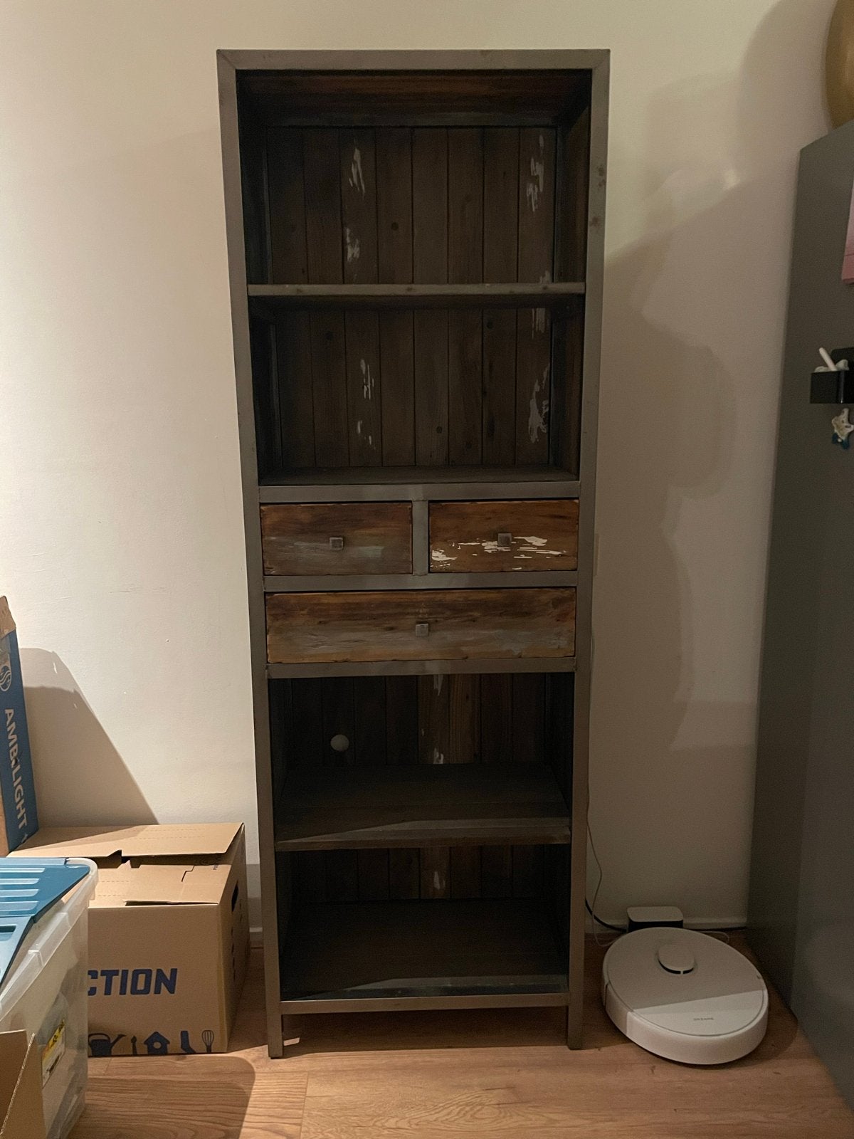 Industriële boekenkast/stellingkast met lades en planken, Ophalen, Gebruikt, 50 tot 100 cm, Met lade(s)