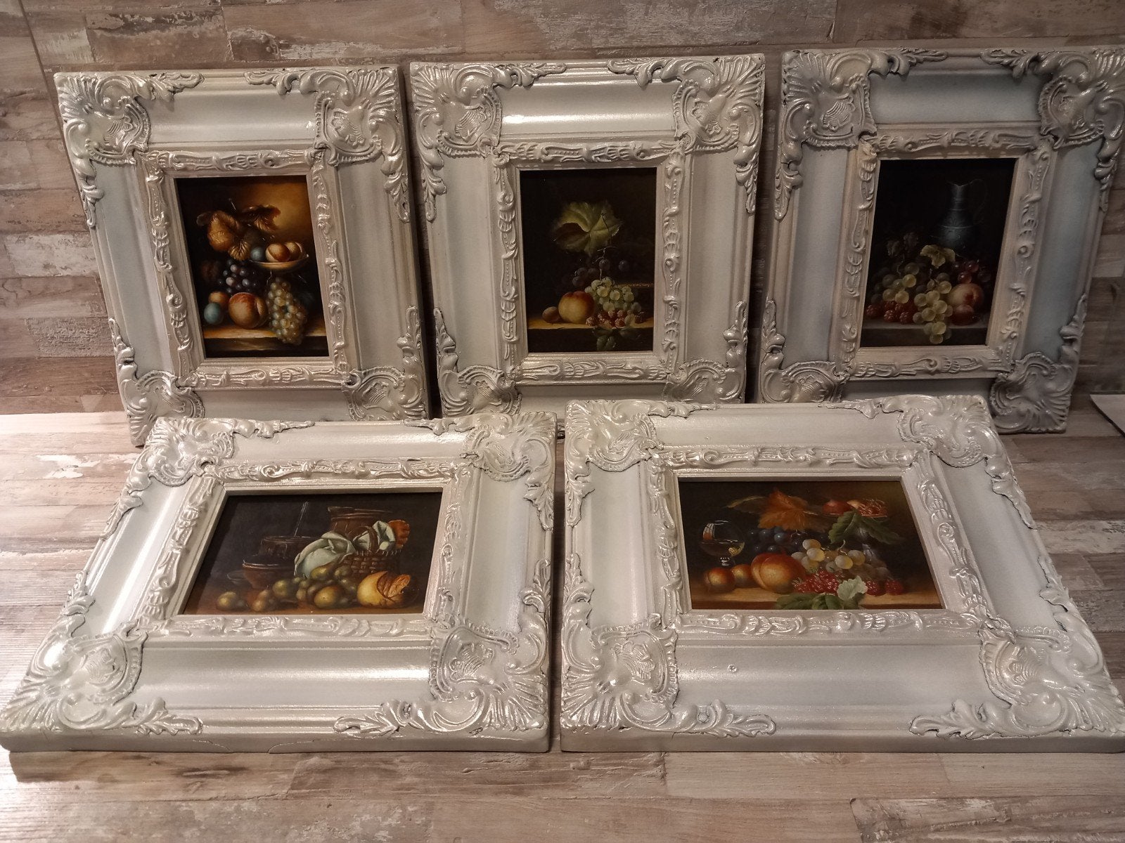 5 handgeschilderde fruitstillevens in baroklijsten + 1 panee, Ophalen, Minder dan 50 cm, Schilderij