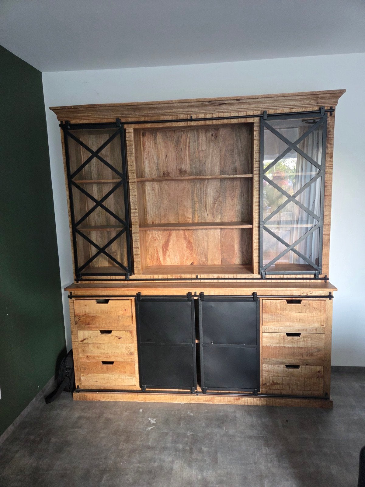 Mangohouten kast met schuifdeuren - 220x180 cm, Ophalen, Gebruikt, 200 cm of meer, 150 tot 200 cm