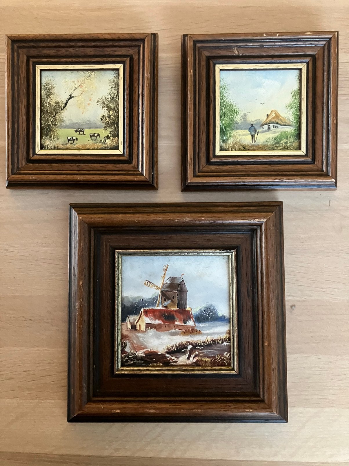 Drie schilderijtjes landschappen olieverf op paneel, Ophalen of Verzenden
