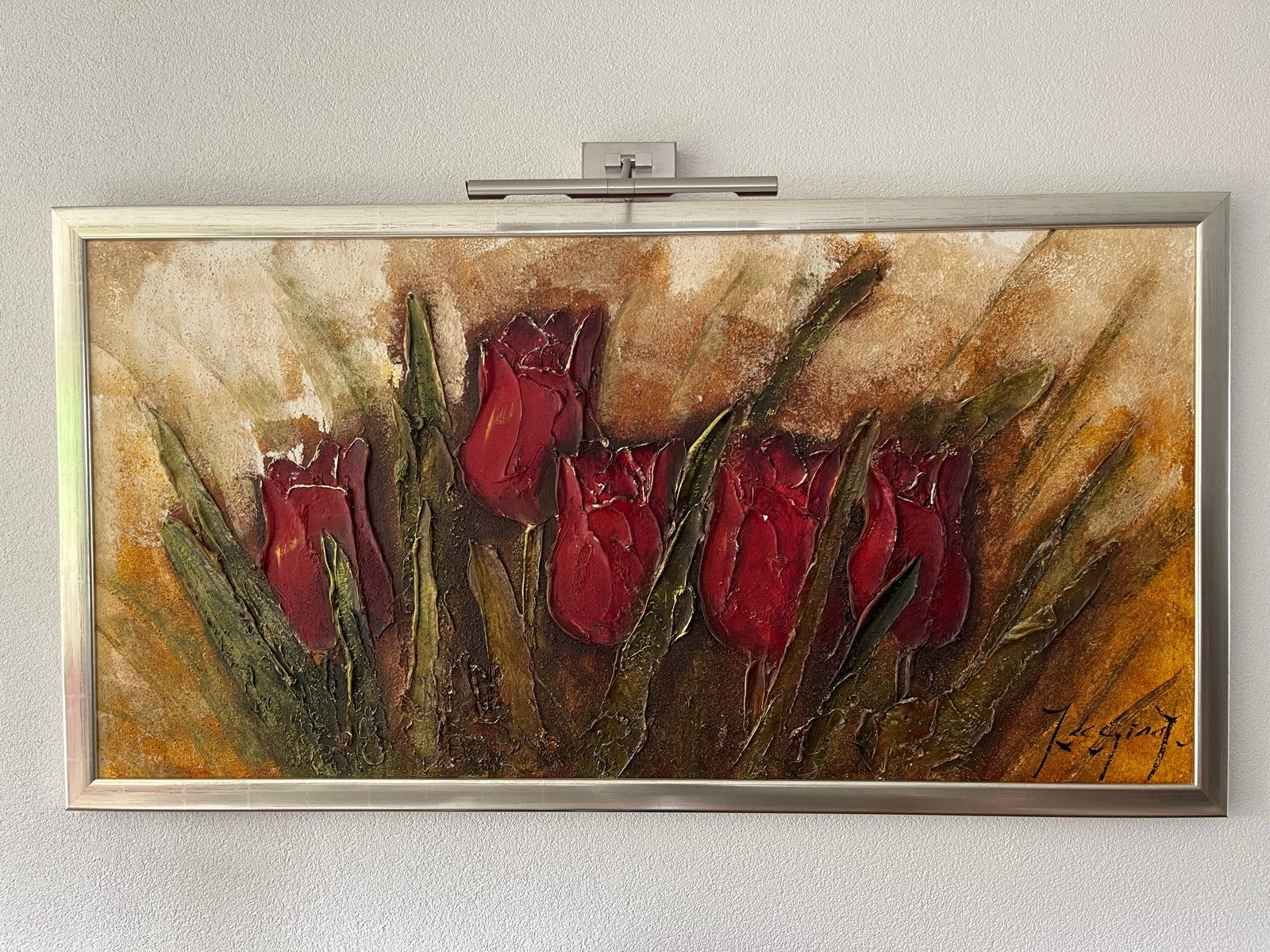 Schilderij Jochem de Graaf - Rode Tulpen (147x77 cm), Ophalen, Handgeschilderd, Olieverf, Bloemen