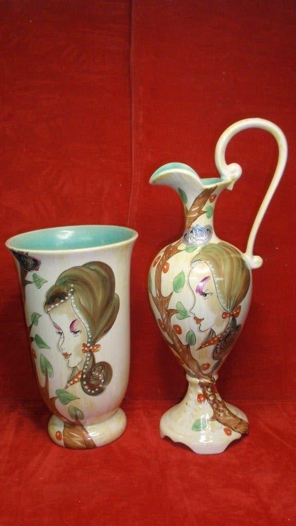 Paar H. Bequet design vazen met vrouwen hoofd Quaregnon, Ophalen of Verzenden